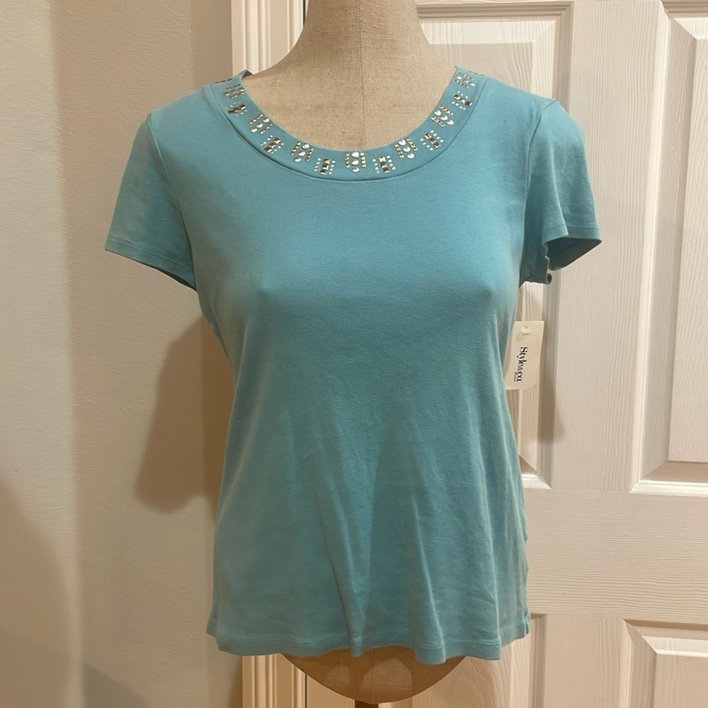 Style & Co short sleeve top rivet studded 100% cotton green women’s size PM
